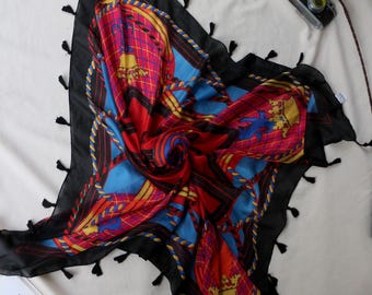 Sciarpa vintage in seta con frange e tema equestre, stampa di cavalli e corona araldica reale, sciarpa vistosa