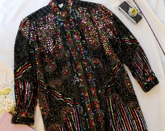 Vintage Sequin Silk Jacket: Hand Beaded 80s Bohemian Blazer