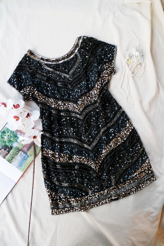 Beaded Dress Vintage Black Sequin Sparkly Party Cocktail Dress Glamour Evening Wear Beaded Dress Vintage Black Sequin Sparkly Party Cocktail Dress Glamour Evening Wear