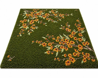 Hand-Tufted Wool Botanical Floral Rug, Moss Green High Pile Carpet