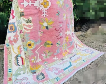 Hand-Knotted Turkish Wool Rug: Pink Floral Oushak, 9x12 ft