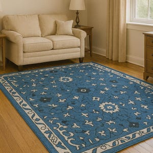 Hand Knotted Turkish Oushak Rug: Blue Floral Wool Rug
