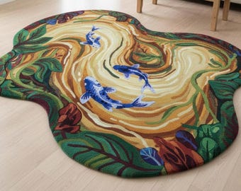 Handmade Wool Koi Fish Pond Rug | Japanese Water Garden Carpet