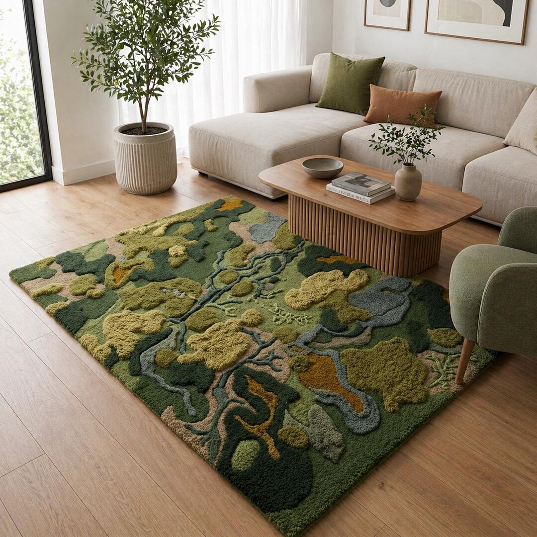 3D Moss Tufted Wool Rug | Nature Landscape Abstract Organic Carpet - Etsy