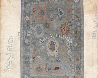 Hand Knotted Turkish Oushak Rug: Grey Wool, Floral Border