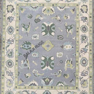 Handmade Oushak Rug | Turkish Wool Carpet | Grey & Green Floral Area Rug | Vintage Style Oriental