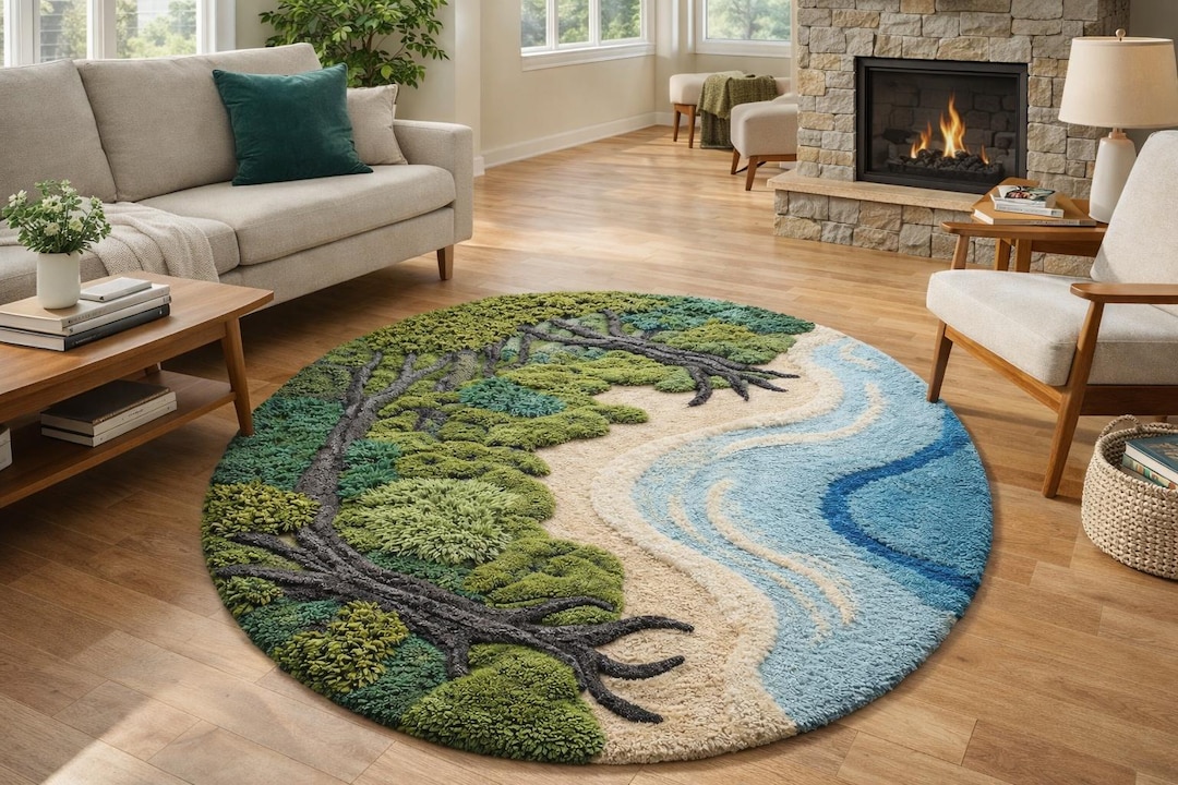 Small Round Forest Rug Round Nature Landscape Tufted Rug, Beach River Scenic , Handmade Moss ...