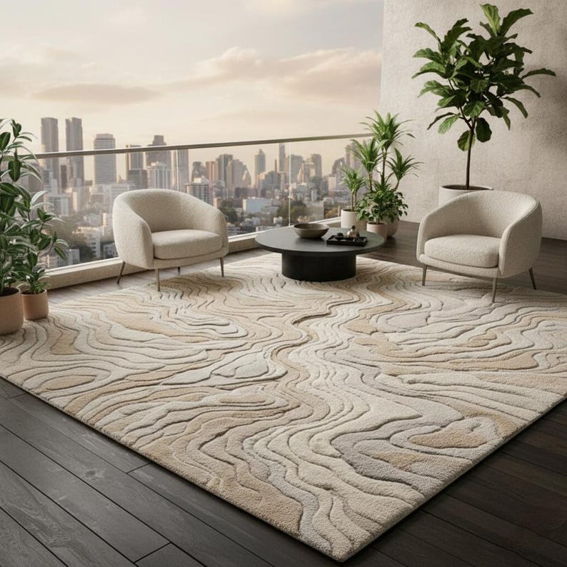 Topography Rug Pattern Hand Tufted Wool Wave Rug – 3D Topographic Design, Neutral Colors। - Etsy