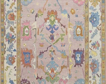 Hand Knotted Turkish Wool Rug: Pink Floral Oushak Style