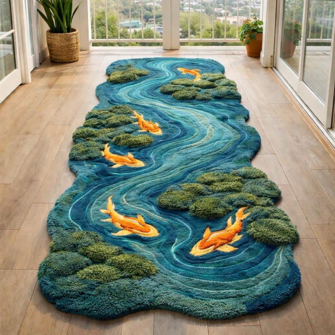 Hooked Rug River Koi Fish Tufted Rug, River Designrug, Soft High Pile Handmadecarpet ...