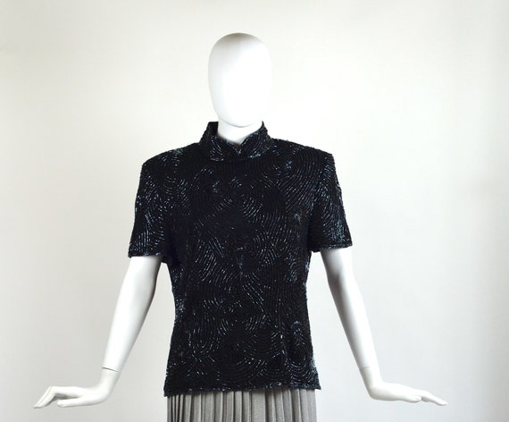Vintage 80's Black Beaded High Neck Blouse