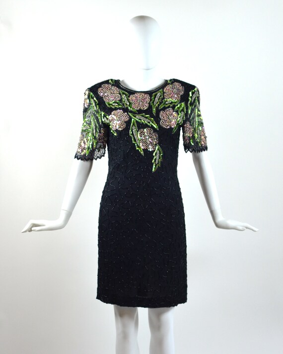 Vintage Pink & Green Floral Sequin Dress