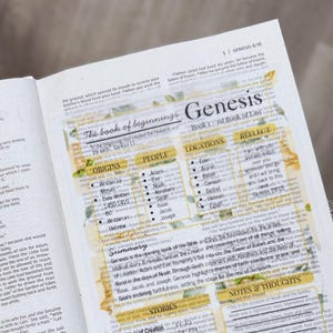 May include: A translucent vellum overlay placed on an open Bible page, featuring the title Genesis, Book 1 - 1st Book of Law. The overlay includes sections for Origins, People, Locations, Reflect, Summary, Stories, and Notes & Thoughts with yellow accents.
