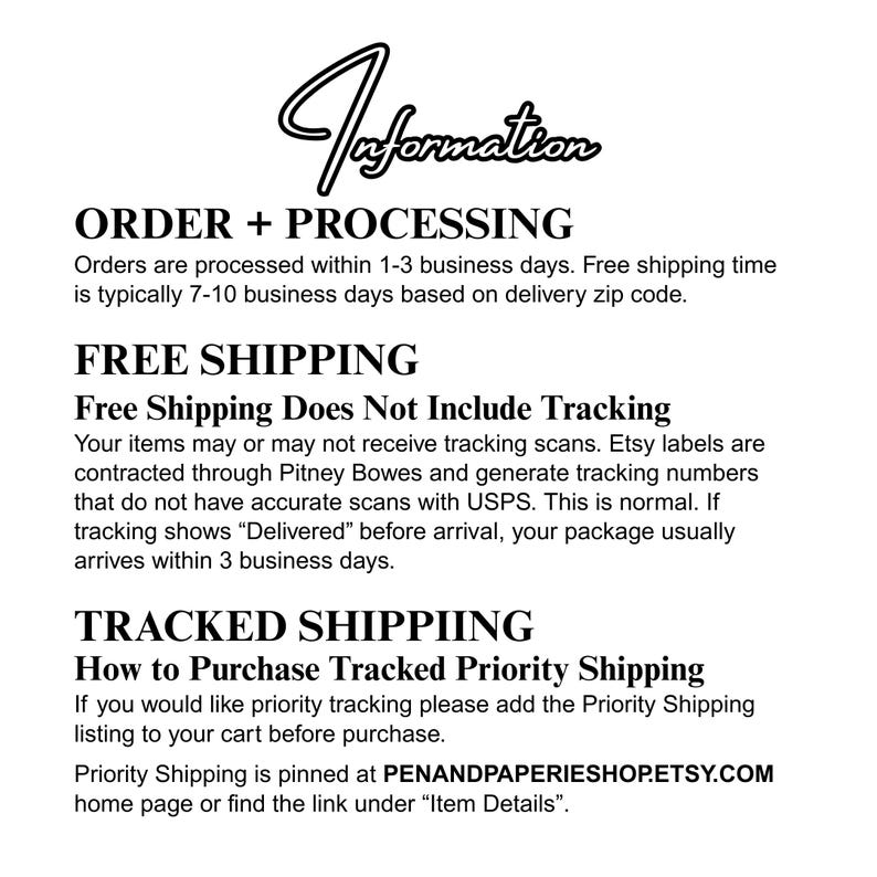 K&ouml;nnte beinhalten: Eine schwarz-wei&szlig;e Informationsgrafik mit dem Text Information, Order + Processing, Free Shipping, Free Shipping Does Not Include Tracking, Tracked Shipping, How to Purchase Tracked Priority Shipping und PENANDPAPERIESHOP.ETSY.COM.