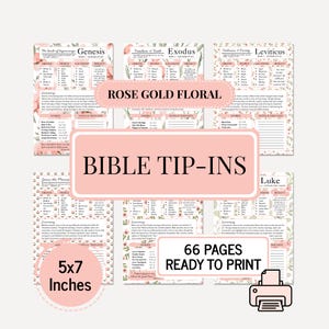 May include: A set of six printable Bible tip-ins featuring rose gold floral designs. Each page includes sections for origins, people, locations, reflections, stories, and notes. The pages measure 5x7 inches and contain text for Genesis, Exodus, Leviticus, Matthew, Mark, and Luke.