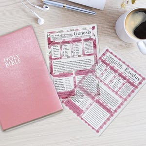 May include: A pink Holy Bible, a white coffee mug, a silver pen, and white wired earbuds alongside two printed study sheets titled Genesis and Exodus, featuring floral and plaid patterns with text summaries and tables.