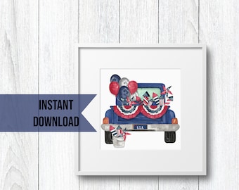 Blue Vintage Truck PDF Fourth of July Antique Truck PNG Red White and Blue Patriotic Clipart Printable Patriotic Wall Decor 4th of July PNG