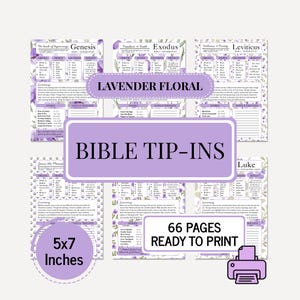 May include: A set of printable Bible tip-ins featuring lavender floral designs and text for books including Genesis, Exodus, Leviticus, Matthew, Mark, and Luke. The pages include sections for origins, people, locations, and notes, measuring 5x7 inches.