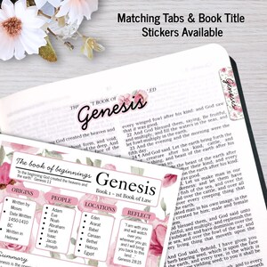K&ouml;nnte beinhalten: Eine Bibelstudien-Referenzkarte f&uuml;r das Buch Genesis mit Blumenmotiven, einer &Uuml;bersichtstabelle zu Urspr&uuml;ngen, Personen, Orten und Reflexionen sowie einem passenden, mit Genesis beschrifteten Klebereiter auf der Bibelseite.
