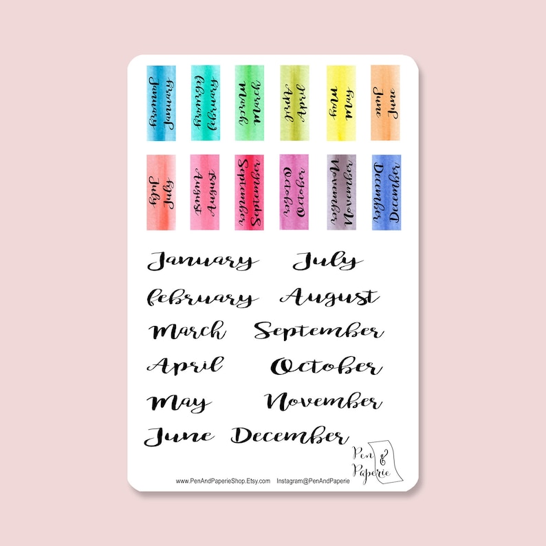 Printable Monthly Tab Month Header Cursive Watercolor Stickers | Etsy