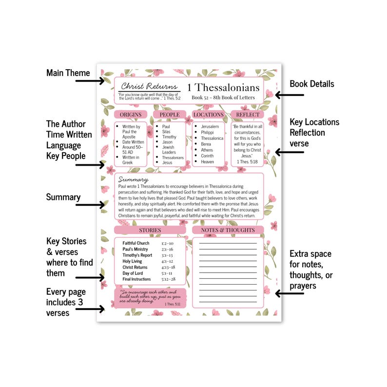 K&ouml;nnte beinhalten: Ein rechteckiges Informationsblatt zum Studium des 1. Thessalonicherbriefs mit einem rosa Blumenrand. Das Dokument enth&auml;lt Abschnitte zu Urspr&uuml;ngen, Personen, Orten, Reflexion, eine Zusammenfassung, Geschichten und Notizzeilen.