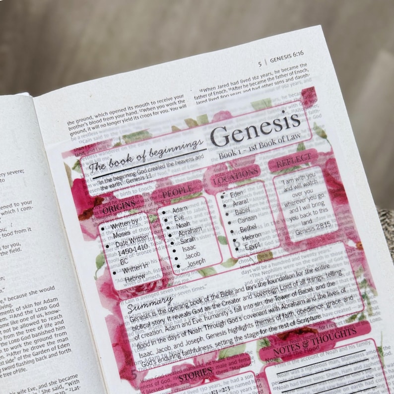 K&ouml;nnte beinhalten: Eine transparente Einlageseite &uuml;ber einem Bibeltext mit einem Blumenmuster aus rosa Rosen. Die Seite enth&auml;lt eine Zusammenfassung des Buches Genesis mit Abschnitten zu Urspr&uuml;ngen, Personen, Orten sowie Notizen und Gedanken.