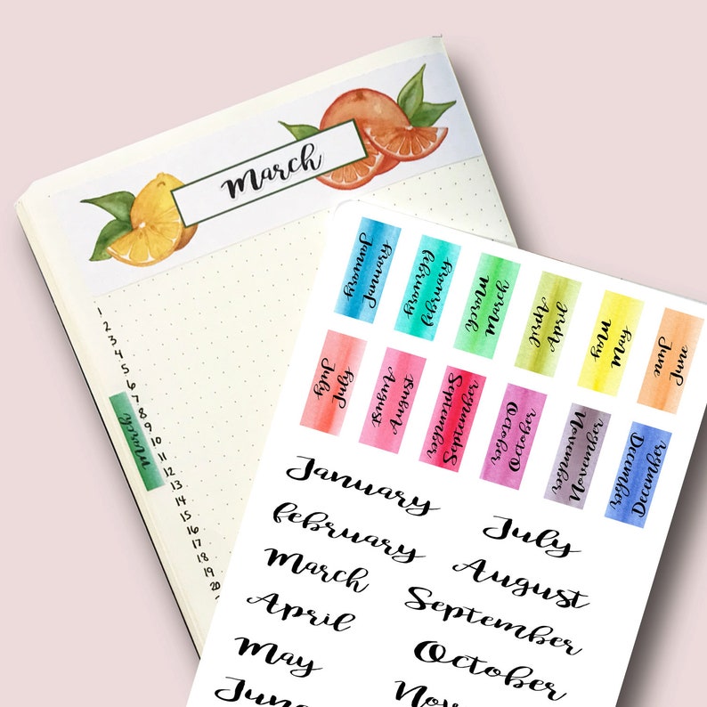 Printable Monthly Tab Month Header Cursive Watercolor Stickers | Etsy
