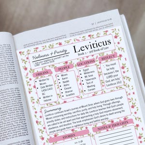 K&ouml;nnte beinhalten: Eine gedruckte Studienhilfe-Seite f&uuml;r das Buch Levitikus mit einem Blumenrand. Der Text enth&auml;lt Abschnitte mit den Titeln Holiness + Purity, Origins, People, Locations, Reflect, Summary, Stories und Notes & Thoughts mit linierten Feldern.