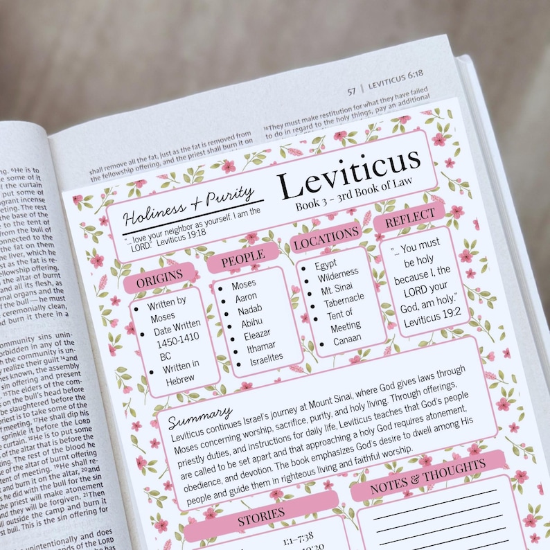 K&ouml;nnte beinhalten: Eine gedruckte Studienhilfe-Seite f&uuml;r das Buch Levitikus mit einem Blumenrand. Der Text enth&auml;lt Abschnitte mit den Titeln Holiness + Purity, Origins, People, Locations, Reflect, Summary, Stories und Notes & Thoughts mit linierten Feldern.