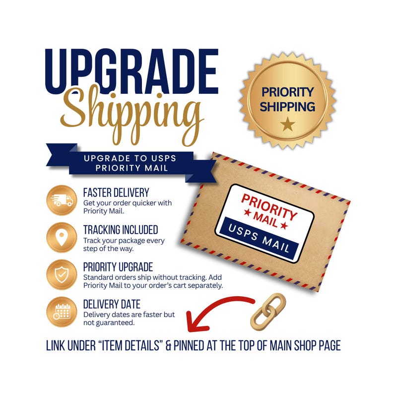 K&ouml;nnte beinhalten: Eine Infografik mit der &Uuml;berschrift UPGRADE Shipping, einem goldenen Siegel, einem braunen Umschlag mit rot-blauem Rand sowie vier Symbolen f&uuml;r schnellere Lieferung, Sendungsverfolgung, Priorit&auml;ts-Upgrade und Lieferdatum.