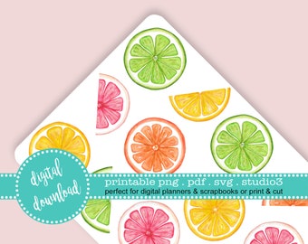 Printable Citrus Lemon Lime Orange Grapefruit Watercolor Stickers Clip Art Print Cut Party Decor Invitations Journal Planner PDF JPG SVG S3