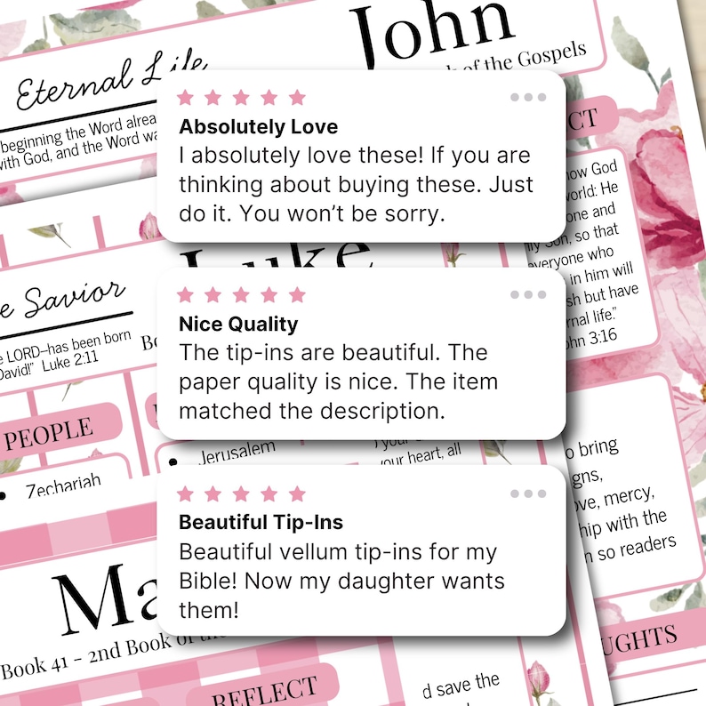 K&ouml;nnte beinhalten: Ein gedruckter Studienleitfaden mit rosa Blumenakzenten und Texten wie John, Luke und Matthew. Drei F&uuml;nf-Sterne-Kundenbewertungen sind &uuml;berlagert, mit Texten wie Absolutely Love, Nice Quality und Beautiful Tip-Ins sichtbar.