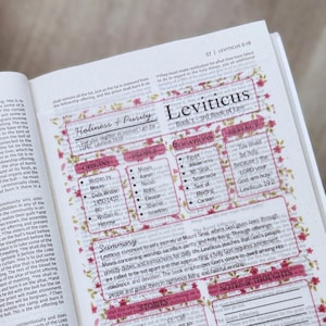 K&ouml;nnte beinhalten: Ein durchsichtiges Pergament-Overlay auf einer Bibelseite mit floralem Rand und gedruckten Textfeldern mit den Titeln Leviticus, Holiness + Purity, Origins, People, Locations, Reflect, Summary, Stories und Notes & Thoughts in schwarzer Tinte.