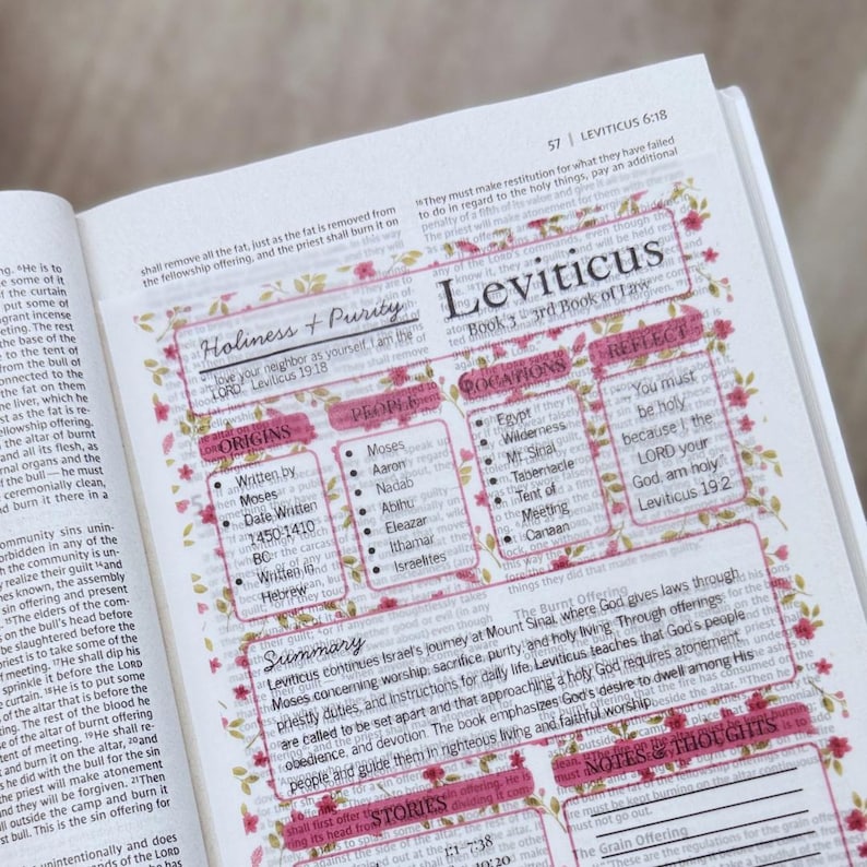K&ouml;nnte beinhalten: Ein durchsichtiges Pergament-Overlay auf einer Bibelseite mit floralem Rand und gedruckten Textfeldern mit den Titeln Leviticus, Holiness + Purity, Origins, People, Locations, Reflect, Summary, Stories und Notes & Thoughts in schwarzer Tinte.