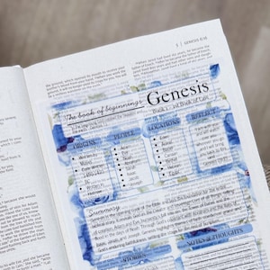 May include: A translucent vellum overlay placed on a Bible page, featuring blue floral patterns and printed text about the Book of Genesis. It includes sections for Origins, People, Locations, Reflect, Summary, Stories, and Notes and Thoughts.
