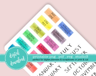 Printable Monthly Tab Month Header Print Watercolor Stickers Clip Art Print and Cut Bullet Journal Planner Setup Page Layout PDF JPG SVG S3