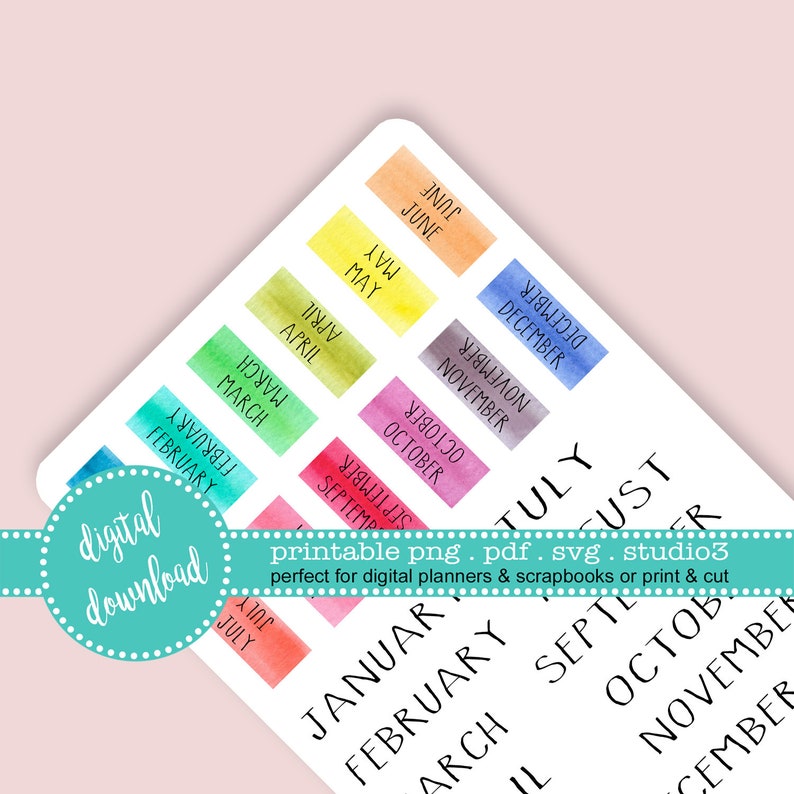 Printable Monthly Tab Month Header Print Watercolor Stickers | Etsy
