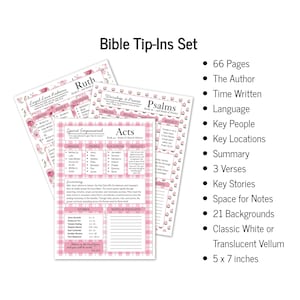 K&ouml;nnte beinhalten: Ein Set aus drei Bibel-Einlegebl&auml;ttern mit rosa Vichy-Karomustern und Blumenakzenten. Jede Seite enth&auml;lt Abschnitte f&uuml;r Urspr&uuml;nge, Personen, Orte, Zusammenfassungen und Notizen. Der Text umfasst Titel wie Ruth, Psalmen und Apostelgeschichte, 66 Seiten, 21 Hintergr&uuml;nde und Ma&szlig;e von 12,7 x 17,8 cm.