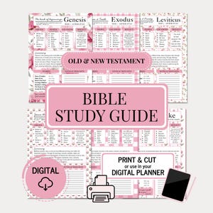 Può includere: Una guida allo studio della Bibbia rosa e bianca con il testo "Bible Study Guide". La guida include sezioni su Genesi, Esodo e Levitico, con accenti floreali e le parole "Old & New Testament".