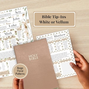 May include: A beige Holy Bible book positioned next to printed Bible tip-in sheets featuring floral patterns and text including Matthew, Mark, Luke, John, and Acts. The sheets contain sections for people, locations, and notes and thoughts.