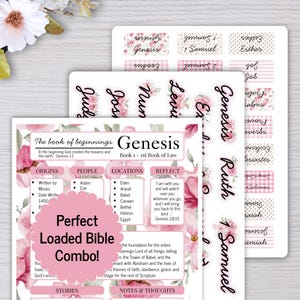 K&ouml;nnte beinhalten: Drei Papierb&ouml;gen mit Blumenmustern und Text zur Bibel. Die B&ouml;gen enthalten Etiketten f&uuml;r Buchtitel wie Genesis, Exodus und Ruth sowie eine Zusammenfassungsseite mit dem Titel The book of beginnings Genesis.