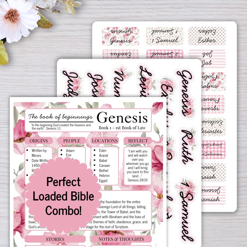 K&ouml;nnte beinhalten: Drei Papierb&ouml;gen mit Blumenmustern und Text zur Bibel. Die B&ouml;gen enthalten Etiketten f&uuml;r Buchtitel wie Genesis, Exodus und Ruth sowie eine Zusammenfassungsseite mit dem Titel The book of beginnings Genesis.