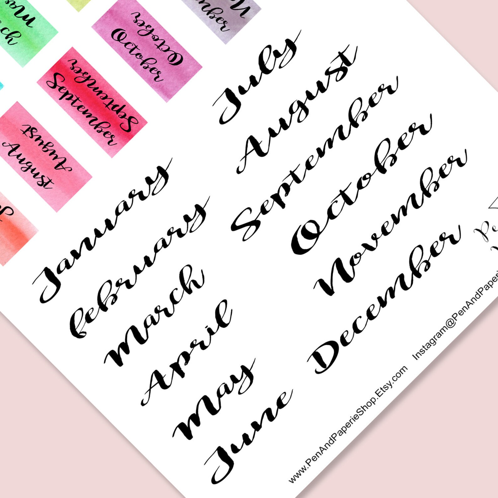 Printable Monthly Tab Month Header Cursive Watercolor Stickers | Etsy