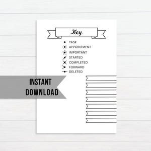 May include: Printable to-do list with a key for different task types. The key includes symbols for task, appointment, important, started, completed, forward, and deleted. The printable has 10 blank lines for writing tasks.