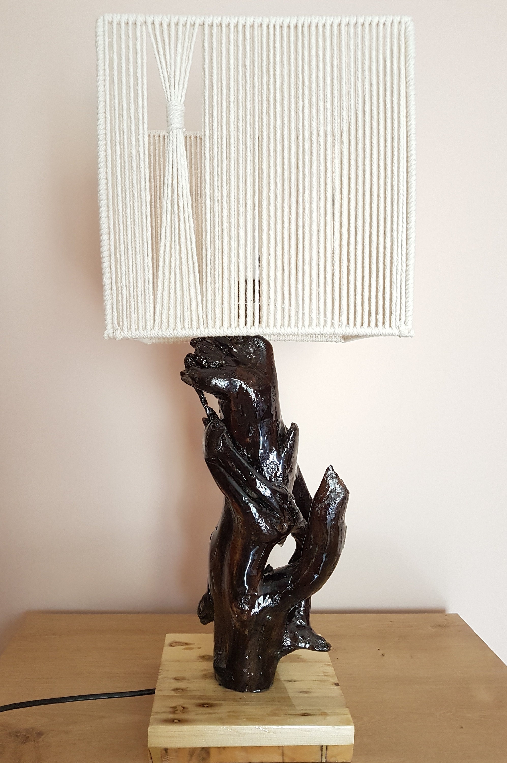 Lampe Bois Flotté/Abat Jour en Corde de Coton Olivia