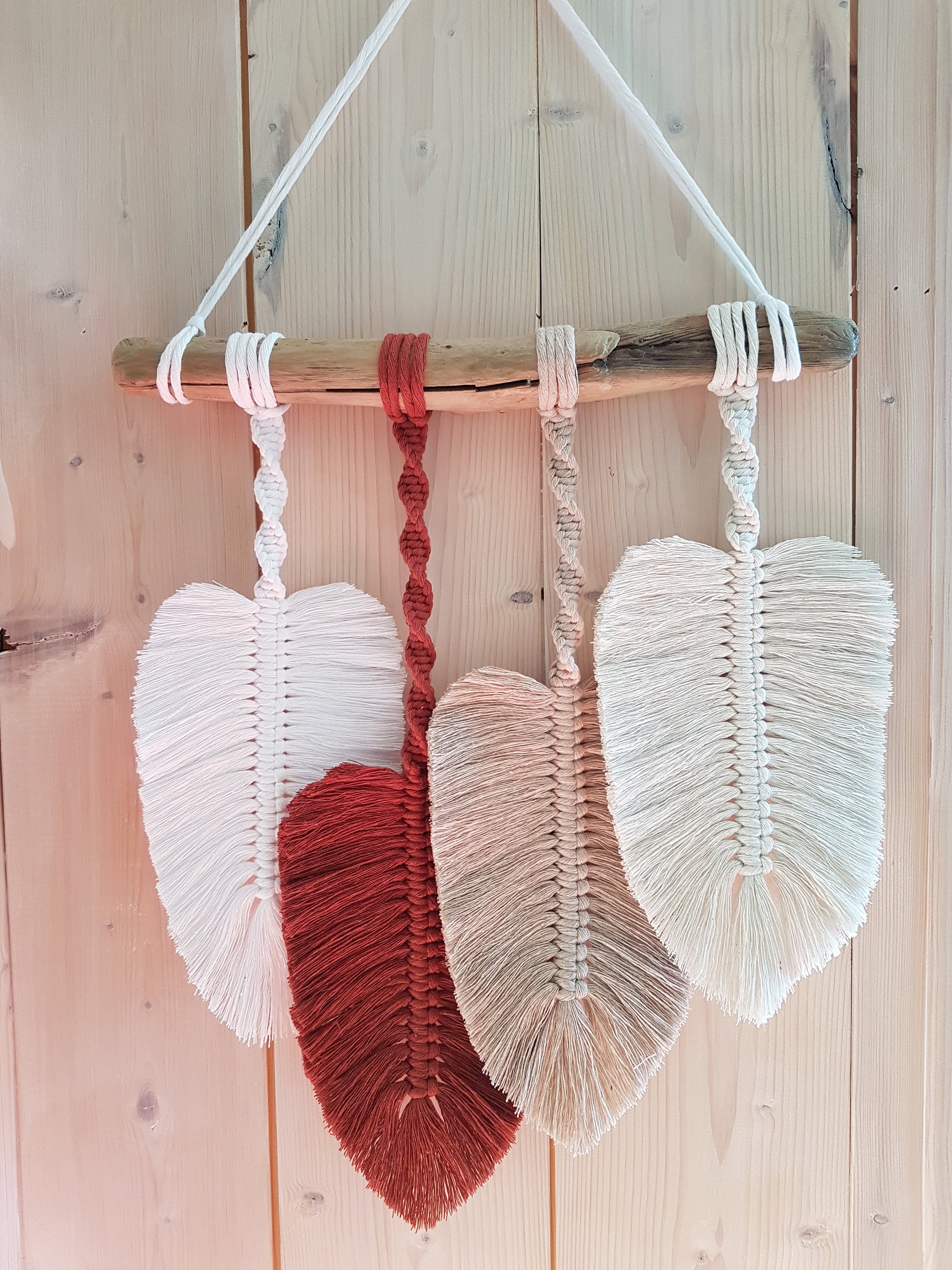 Décoration Murale, 4 Plumes Tige Torsade, sur Bois Flotté