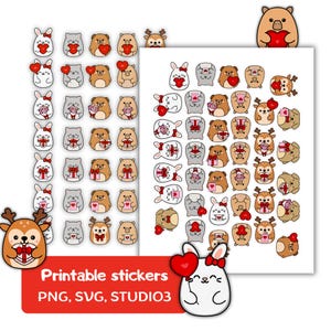 Puede incluir: Una hoja de pegatinas imprimibles con varios animales de dibujos animados sosteniendo corazones y regalos. Los animales incluyen conejos, osos, ciervos y un wombat. Las pegatinas son de varios colores y tienen un tema de San Valentín. El texto "Printable stickers" es visible.