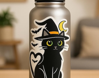 Schwarze Katze Aufkleber, Süßer Halloween Katze Aufkleber, Witchy Vinyl Aufkleber, Holografisch Gruseliger Aufkleber, Ästhetischer Katzenliebhaber Geschenk