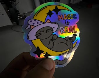 Schwarze Katze, Magic is real, Gruseliger Katzen Aufkleber, Halloween, Kätzchen, Rettung, Laptop, Aufkleber, Katzenliebhaber, Holographisch, Feline, wunderliche Vibes