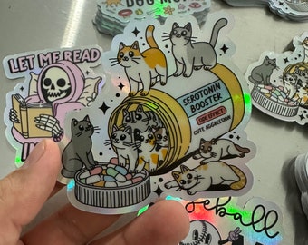 Pegatina de gato con efecto potenciador de serotonina: regalo adorable para amantes de los gatos, calcomanía divertida para mamás gatas, vinilo holográfico 3M, estética positiva para la salud mental.